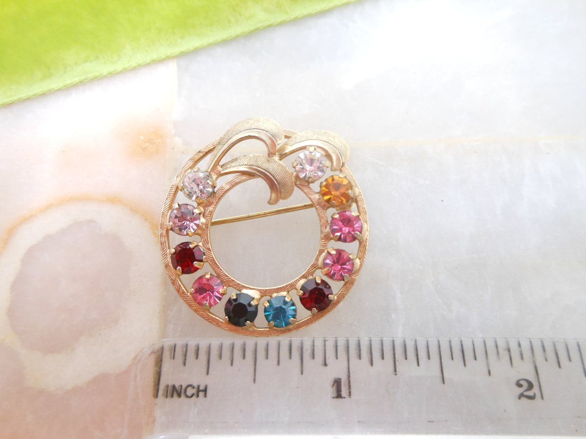 Vintage Rhinestone Wreath Brooch Pin Fruit Salad Circle Regency Revival Mid Century Jewelry Gift, VivianJoel.com