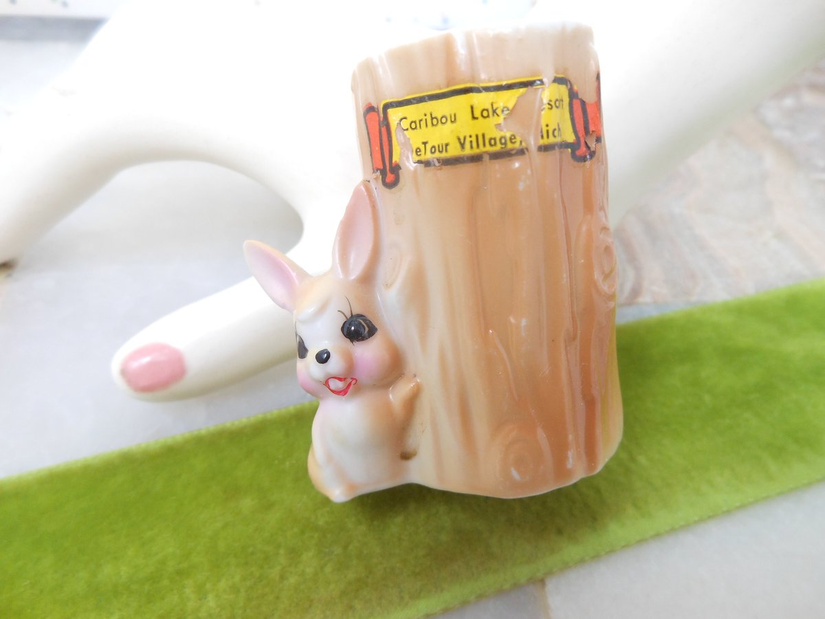 Vintage Rabbit Bunny Big Eye Toothpick Holder Vase Ceramic Japan Figurine Tree Stump Woodland Animal Mid Century Gift, VivianJoel.com