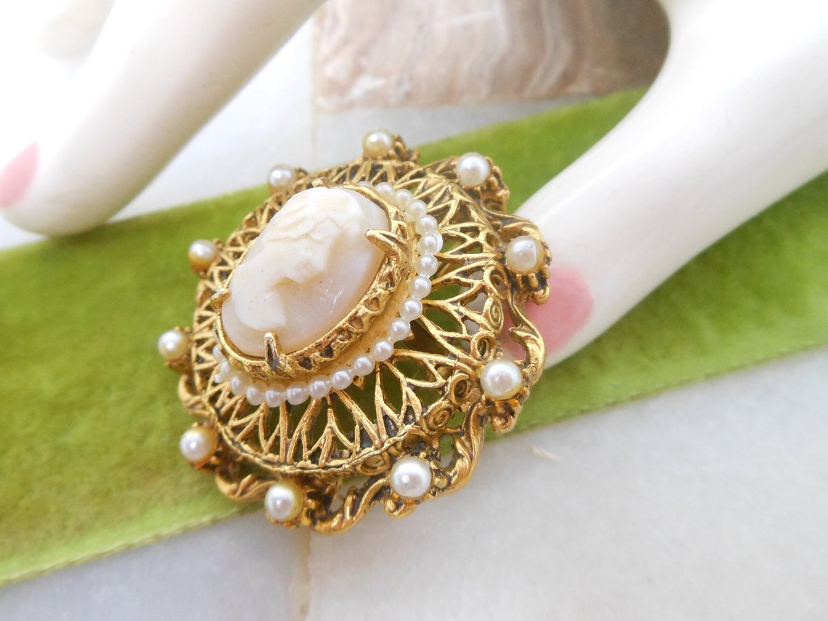 Vintage FLORENZA Brooch Victorian Revival Pin Pendant Cameo Ornate Faux Pearl Mid Century Designer Jewelry Gift, VivianJoel.com