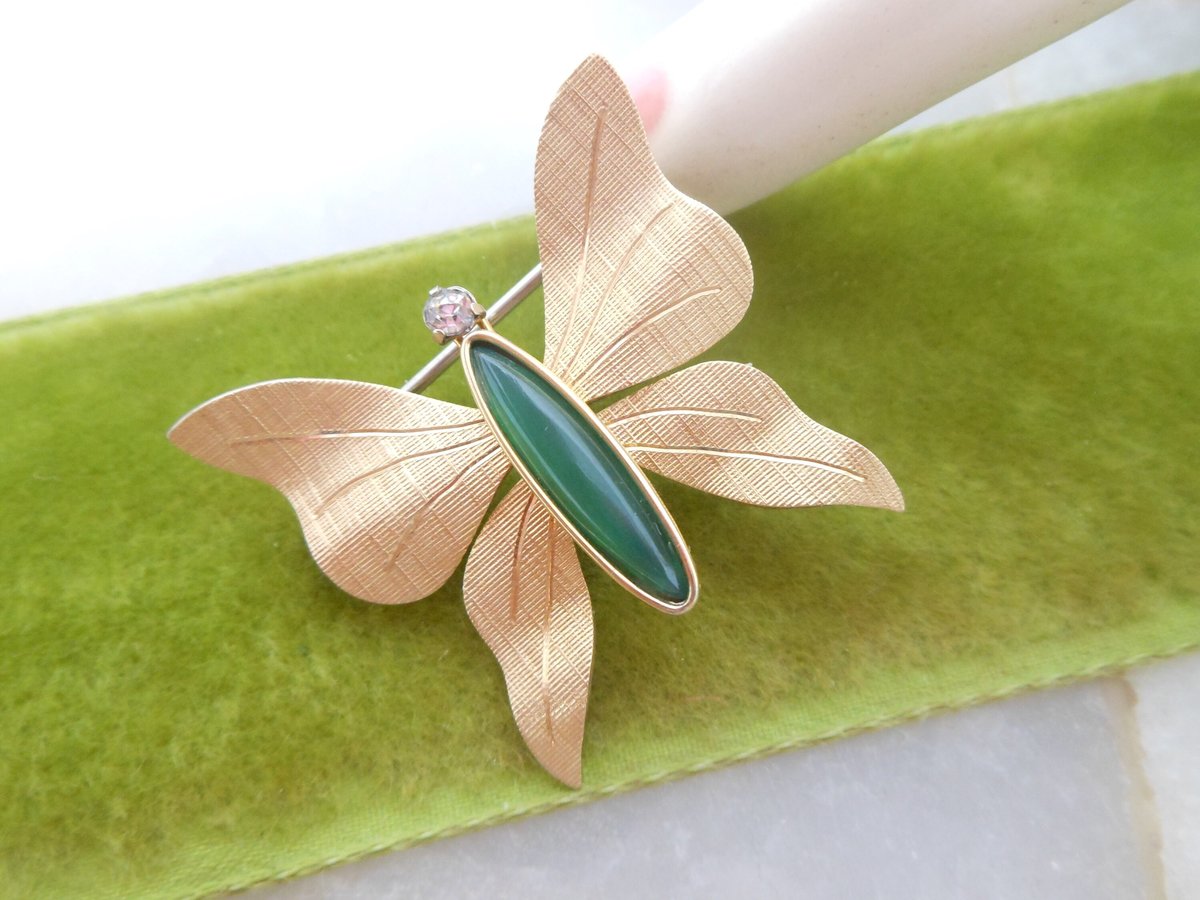 Vintage KREMENTZ Butterfly Brooch Jade Insect Bug Pin Gold Overlay Mid Century Designer Petite Jewelry Gift, VivianJoel.com