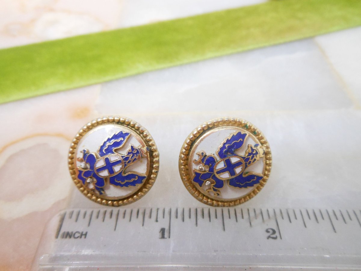 Vintage CORO Heraldic Earrings Screw Back Blue Enamel Cross Phoenix Designer Jewelry Gift Mid Century, VivianJoel.com