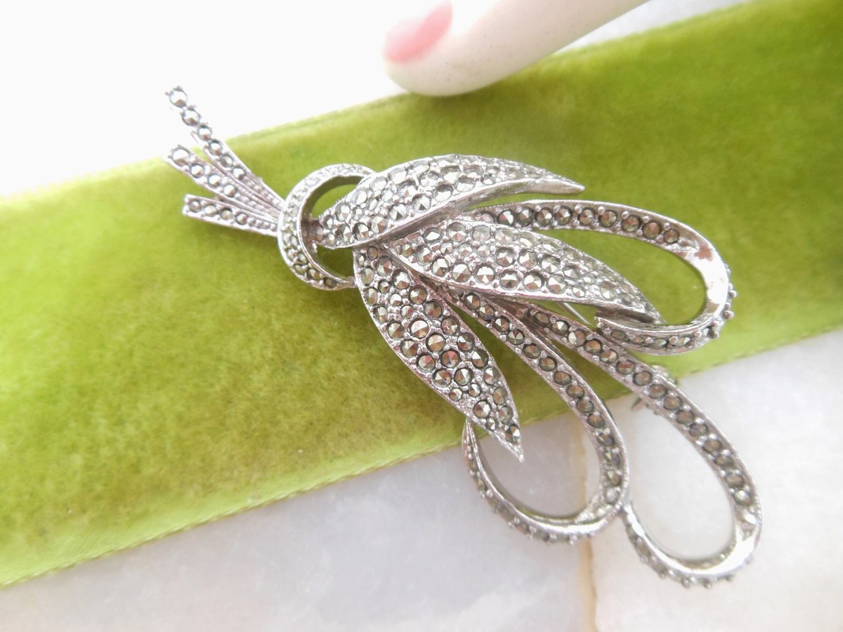 Vintage SPHINX Marcasite Brooch Elegant Ribbon Pin Branch Designer Jewelry Gift Mid Century, VivianJoel.com