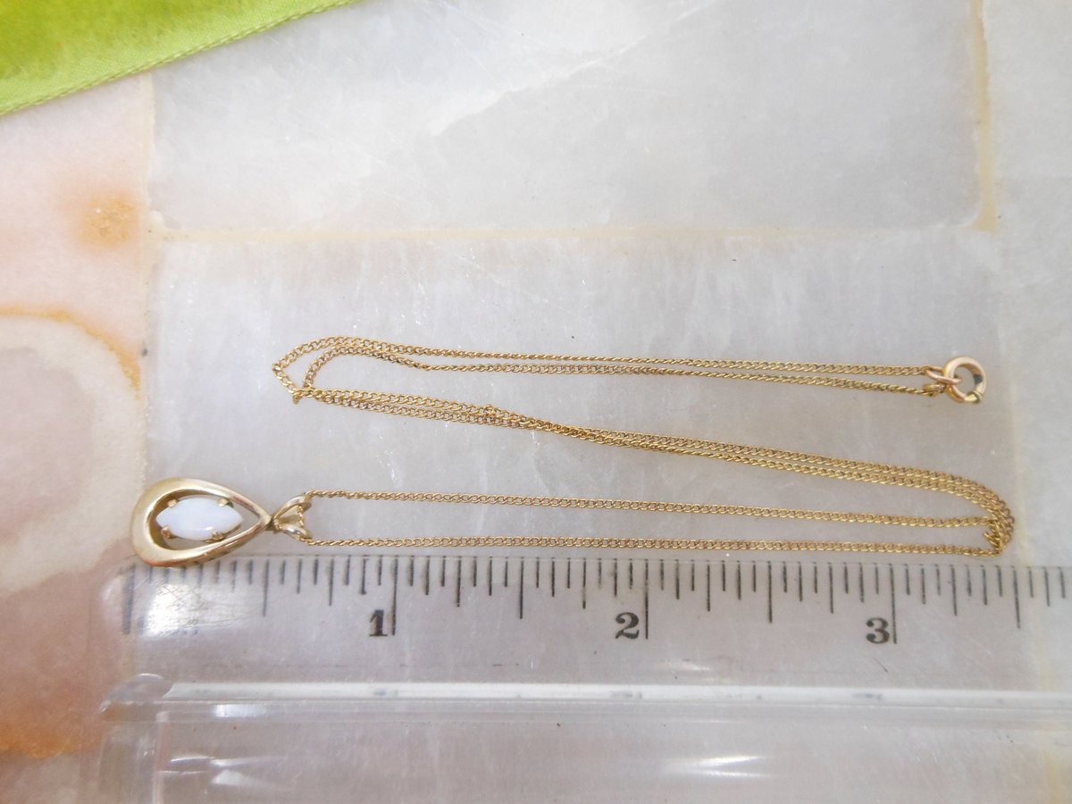 Vintage Opal Gold Fill Pendant Necklace Petite Teardrop Minimalist GF October Birthday Designer Mid Century Jewelry Gift, VivianJoel.com