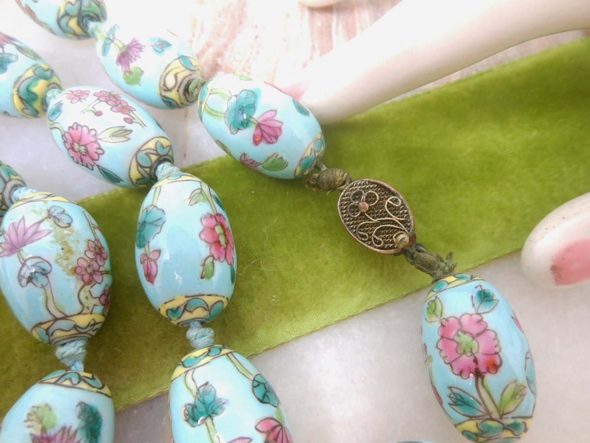 Vintage Pink Lotus Porcelain Chunky Sky Blue Bead Necklace Chinese Export Flower Jewelry Gift Mid Century, VivianJoel.com