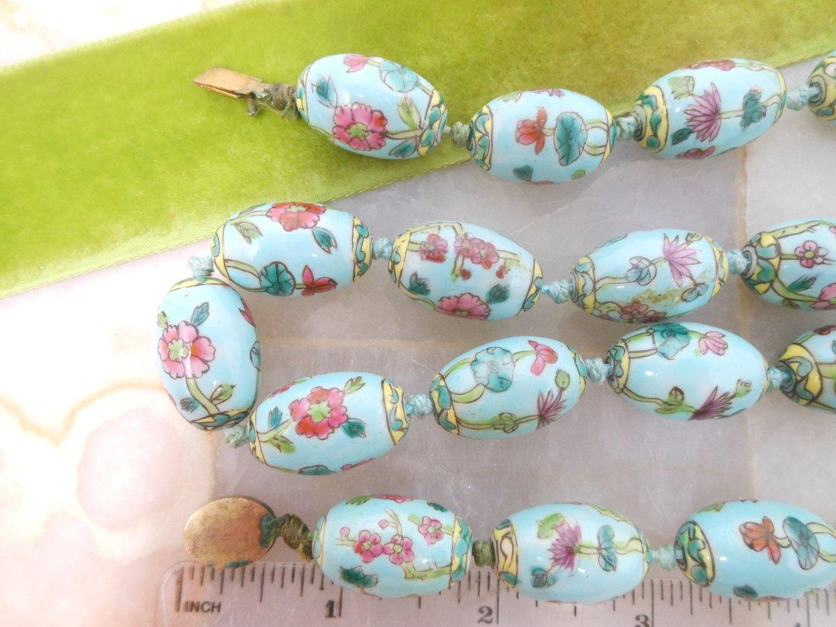 Vintage Pink Lotus Porcelain Chunky Sky Blue Bead Necklace Chinese Export Flower Jewelry Gift Mid Century, VivianJoel.com