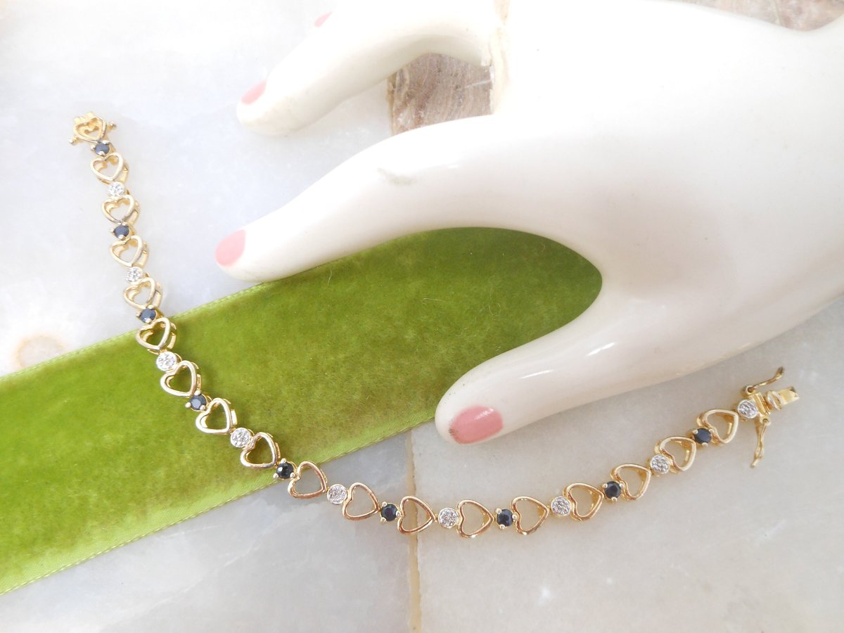 Vintage STERLING SILVER Bracelet Gold Vermiel Heart Link Skinny Tennis Chain Blue Crystal Jewelry Gift, VivianJoel.com