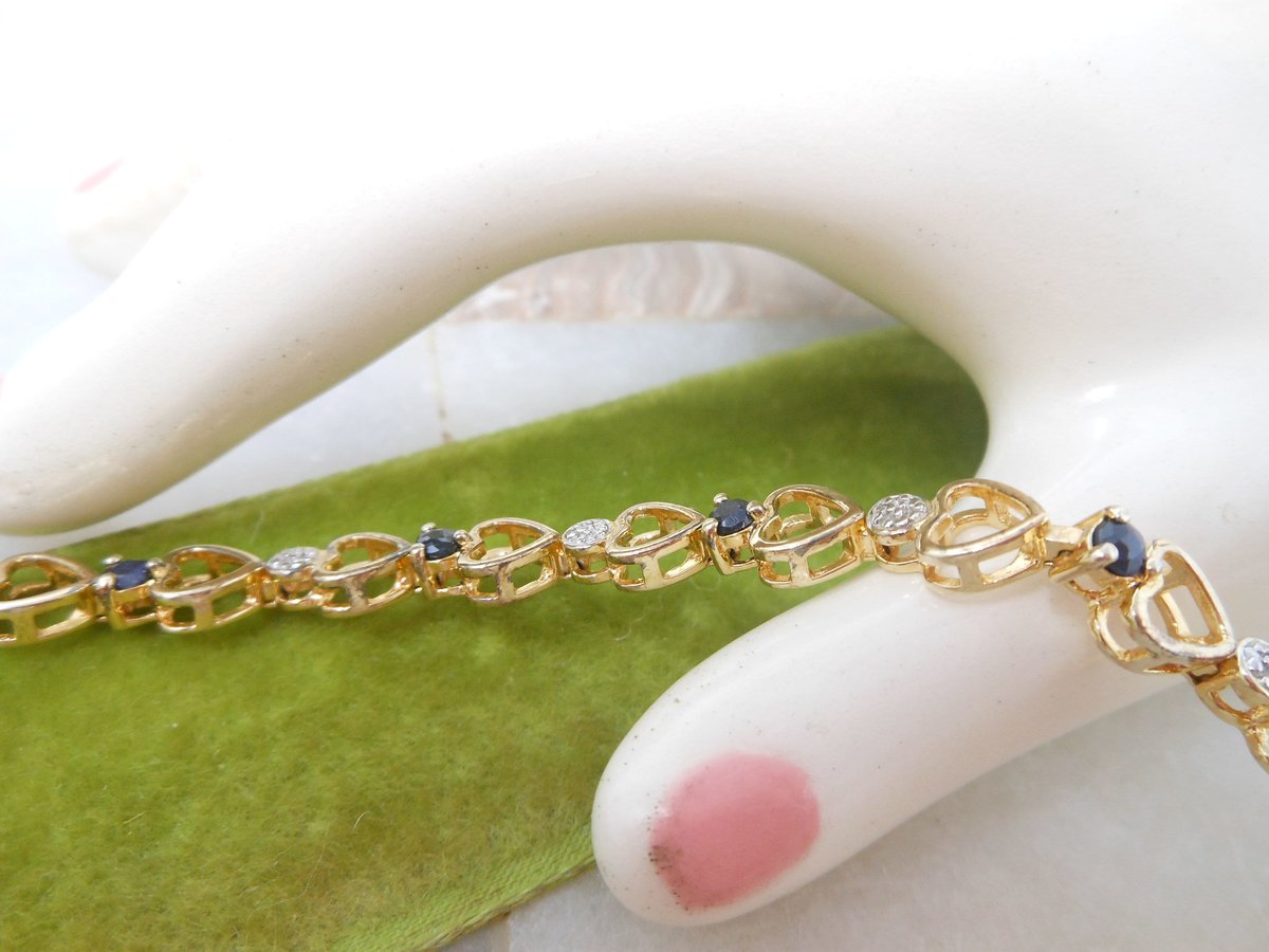 Vintage STERLING SILVER Bracelet Gold Vermiel Heart Link Skinny Tennis Chain Blue Crystal Jewelry Gift, VivianJoel.com