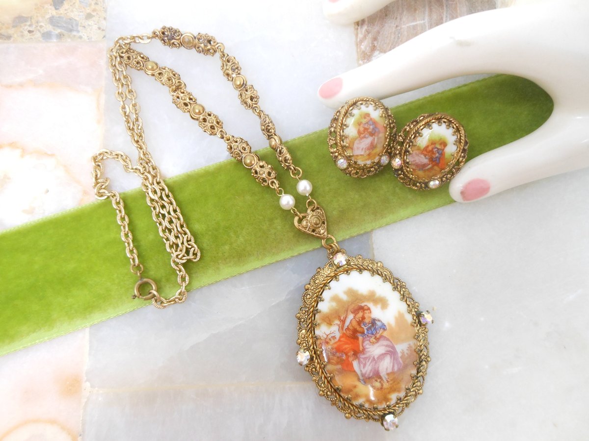Vintage WEST GERMANY Pendant Necklace Earrings Set Rhinestone Courting Couple Filigree Lace Mid Century Renaissance Jewelry, VivianJoel.com