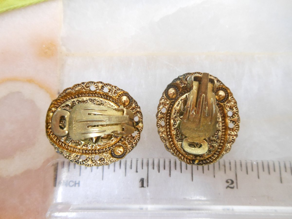 Vintage WEST GERMANY Pendant Necklace Earrings Set Rhinestone Courting Couple Filigree Lace Mid Century Renaissance Jewelry, VivianJoel.com