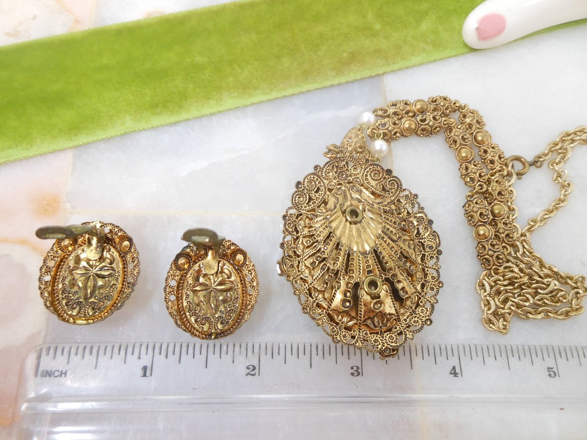 Vintage WEST GERMANY Pendant Necklace Earrings Set Rhinestone Courting Couple Filigree Lace Mid Century Renaissance Jewelry, VivianJoel.com