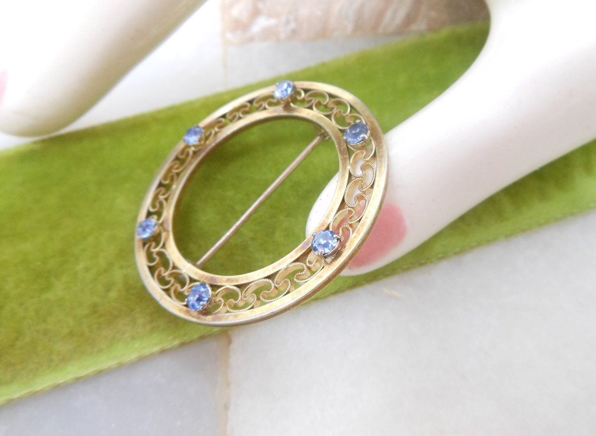 Vintage KREMENTZ Brooch Blue Crystal Wreath Pin Gold Overlay Minimalist Designer Mid Century Delicate Jewelry March Gift, VivianJoel.com