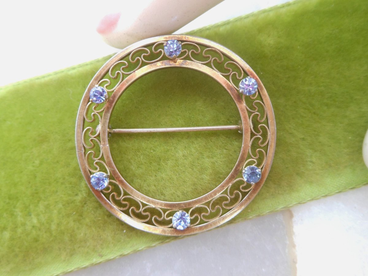 Vintage KREMENTZ Brooch Blue Crystal Wreath Pin Gold Overlay Minimalist Designer Mid Century Delicate Jewelry March Gift, VivianJoel.com
