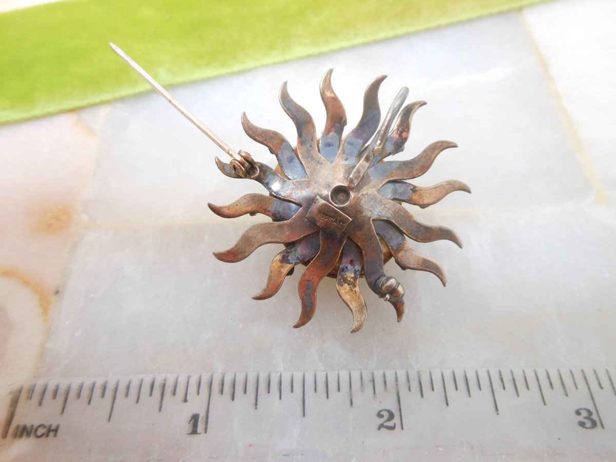 Vintage Operculum STERLING SILVER Brooch Sunburst Pin Designer Rode'Art Earrings Cat Eye Shiva Shell Mid Century Jewelry, VivianJoel.com