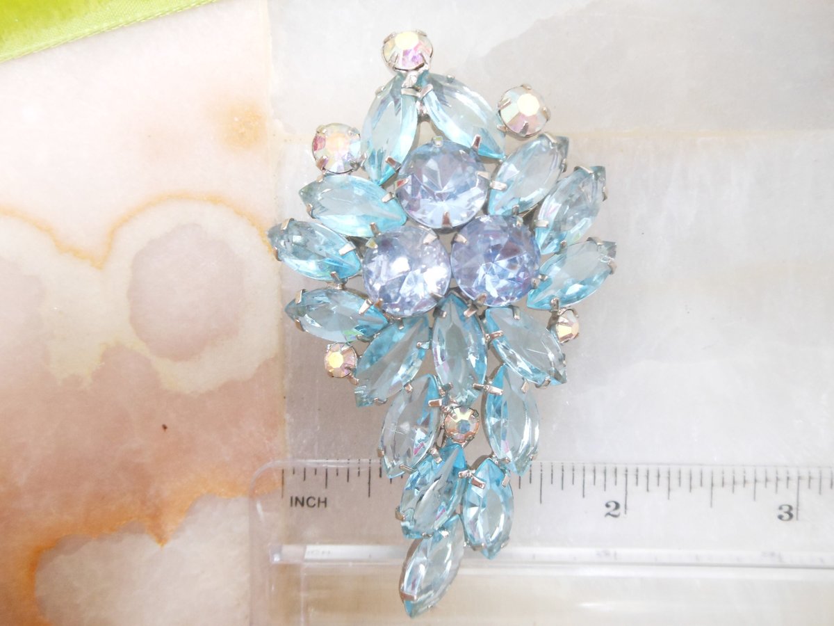 Vintage Blue Open Back Brooch Crystal Rhinestone Pin Regency Revival Galaxy Flower Spray Jewelry Gift Mid Century, VivianJoel.com