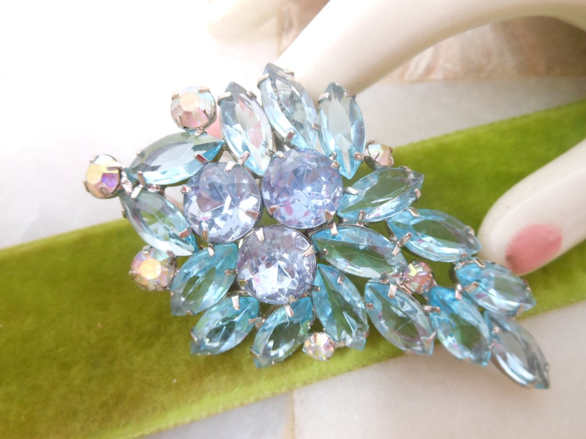 Vintage Blue Open Back Brooch Crystal Rhinestone Pin Regency Revival Galaxy Flower Spray Jewelry Gift Mid Century, VivianJoel.com