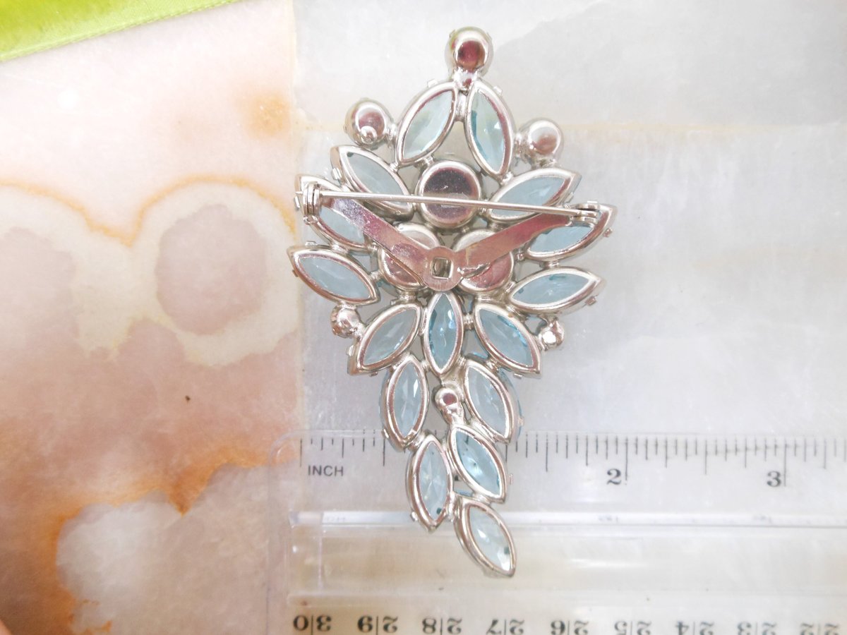 Vintage Blue Open Back Brooch Crystal Rhinestone Pin Regency Revival Galaxy Flower Spray Jewelry Gift Mid Century, VivianJoel.com