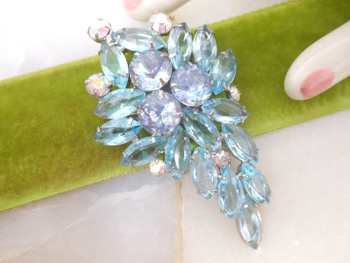 Vintage Blue Open Back Brooch Crystal Rhinestone Pin Regency Revival Galaxy Flower Spray Jewelry Gift Mid Century, VivianJoel.com