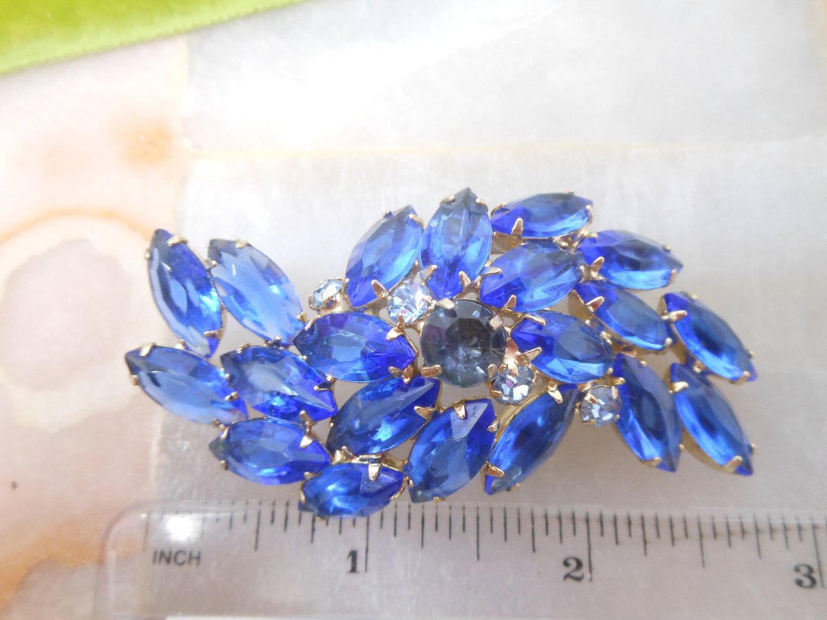 Vintage Blue Open Back Brooch Crystal Rhinestone Pin Regency Revival Cobalt Spray Jewelry Gift Mid Century, VivianJoel.com