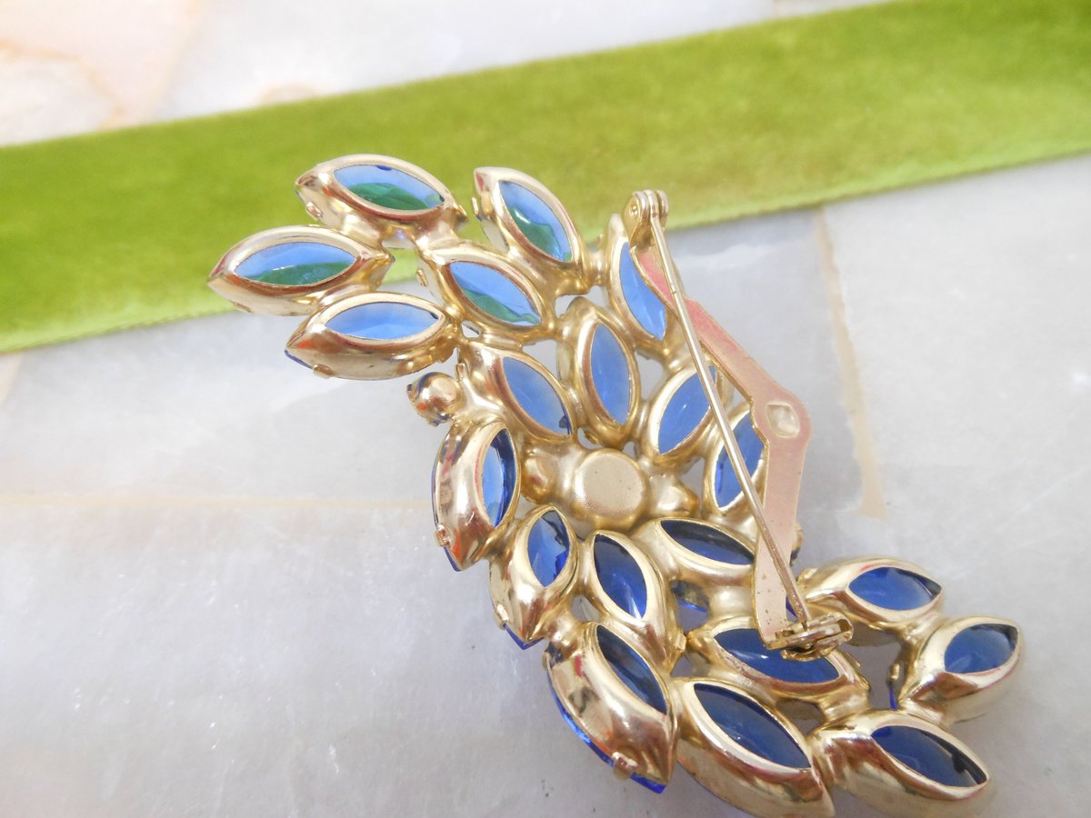 Vintage Blue Open Back Brooch Crystal Rhinestone Pin Regency Revival Cobalt Spray Jewelry Gift Mid Century, VivianJoel.com