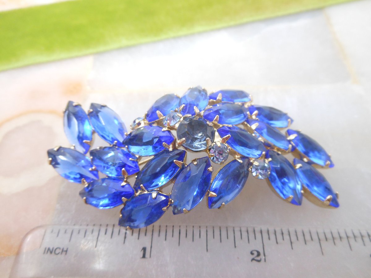 Vintage Blue Open Back Brooch Crystal Rhinestone Pin Regency Revival Cobalt Spray Jewelry Gift Mid Century, VivianJoel.com