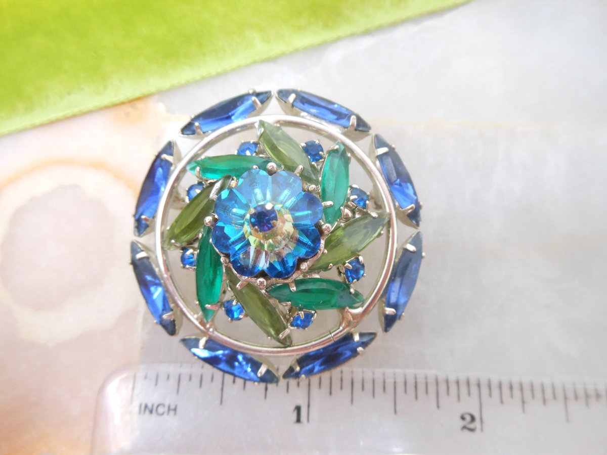 Vintage Blue Rivoli Brooch Domed Rhinestone Pin Crystal Pinwheel Flower Mid Century Jewelry Gift, VivianJoel.com
