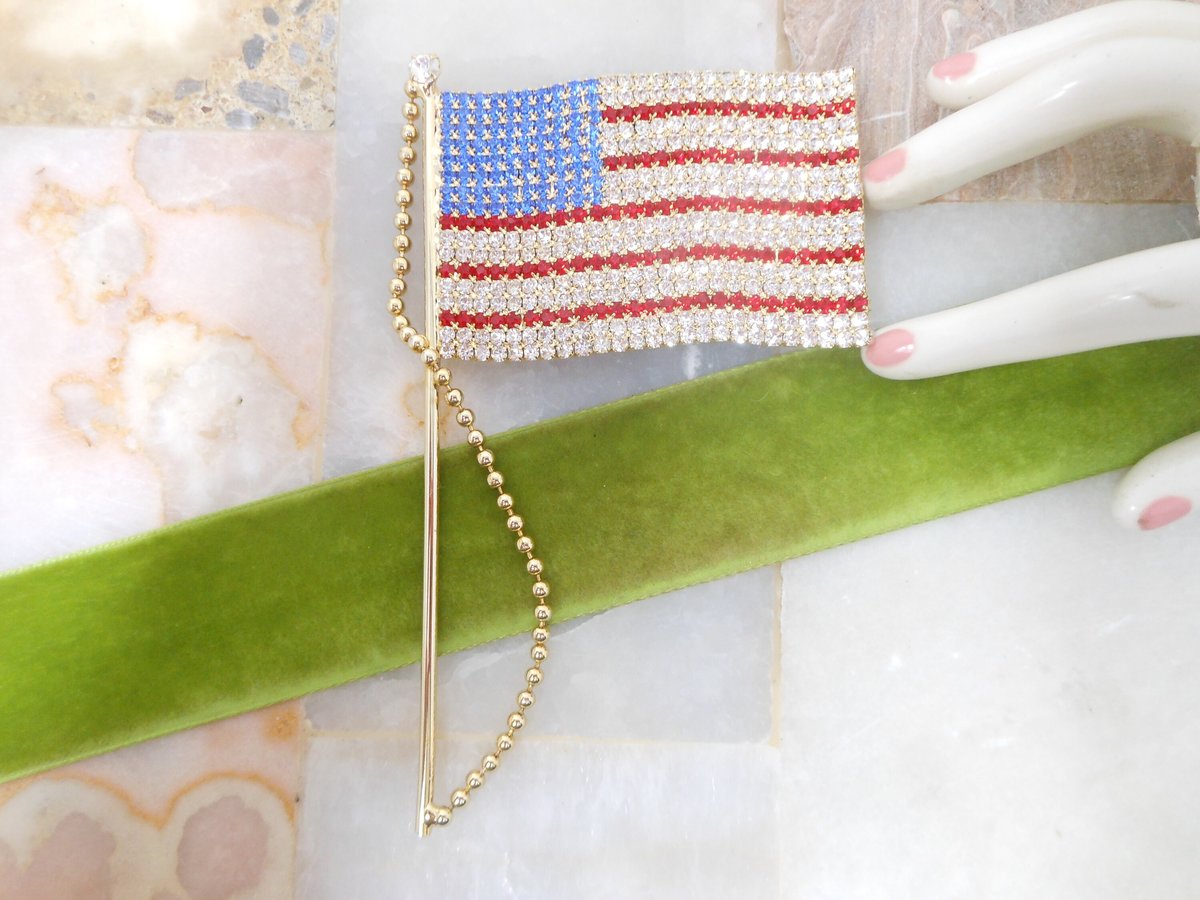 Vintage HUGE USA Flag Brooch Rhinestone Crystal Patriotic Pin Statement Runway Mid Century Jewelry Gift, VivianJoel.com