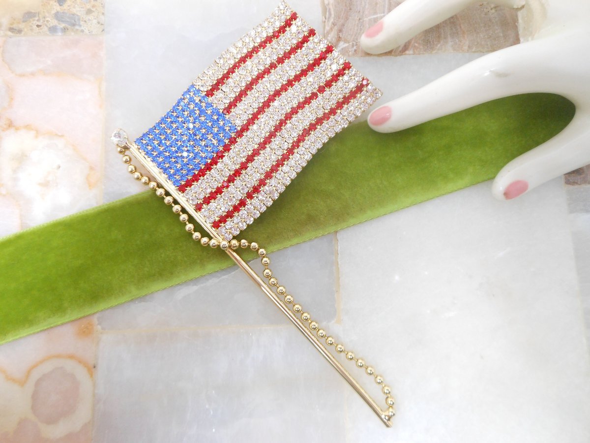 Vintage HUGE USA Flag Brooch Rhinestone Crystal Patriotic Pin Statement Runway Mid Century Jewelry Gift, VivianJoel.com