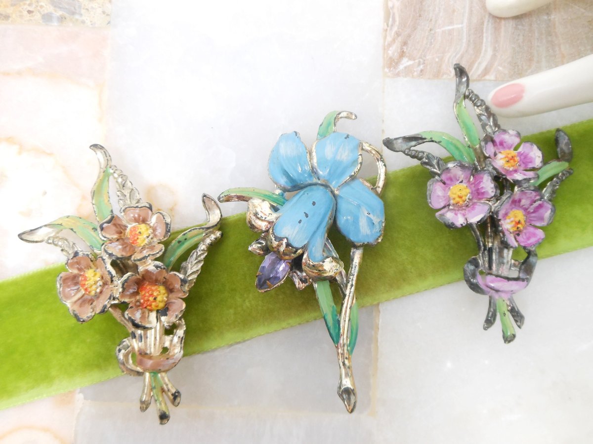 Vintage LOT 3 Orchid Rhinestone Flower Pin Brooch Enamel Plastic Celluloid Bouquet Mid Century Jewelry Gift, VivianJoel.com