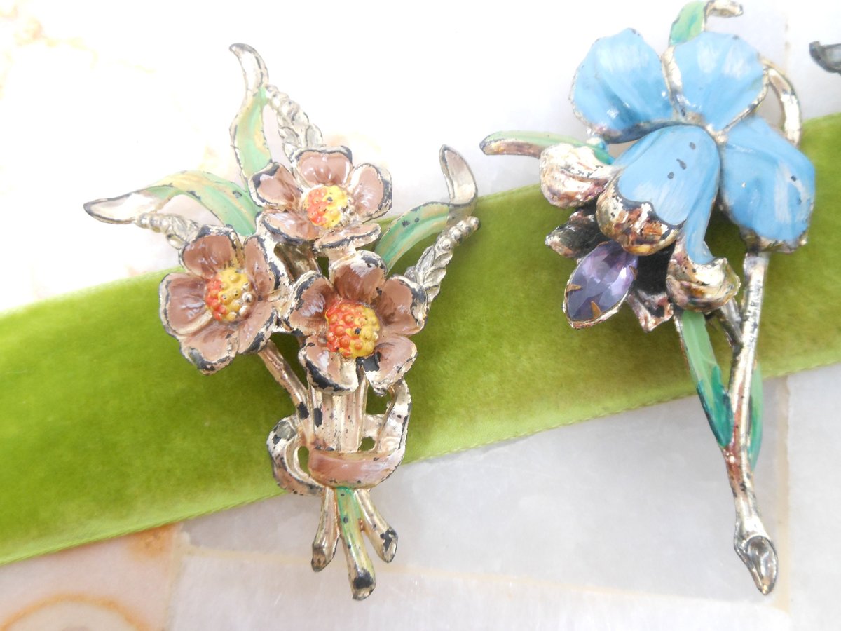Vintage LOT 3 Orchid Rhinestone Flower Pin Brooch Enamel Plastic Celluloid Bouquet Mid Century Jewelry Gift, VivianJoel.com