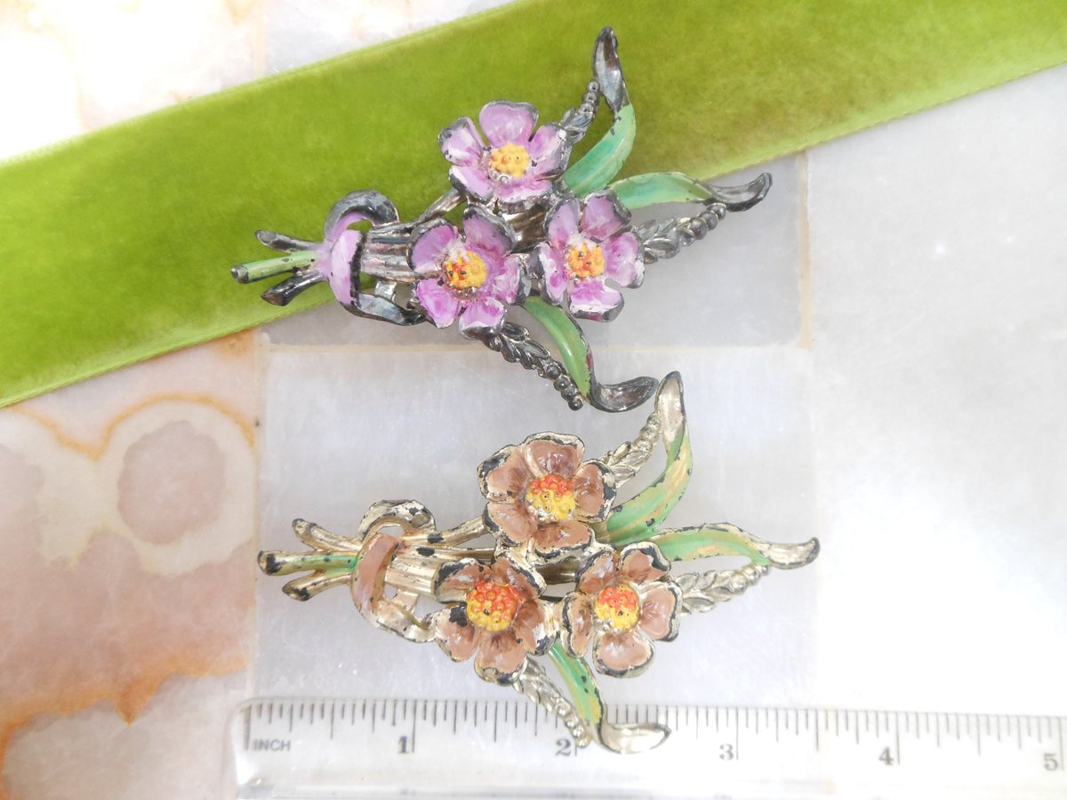 Vintage LOT 3 Orchid Rhinestone Flower Pin Brooch Enamel Plastic Celluloid Bouquet Mid Century Jewelry Gift, VivianJoel.com