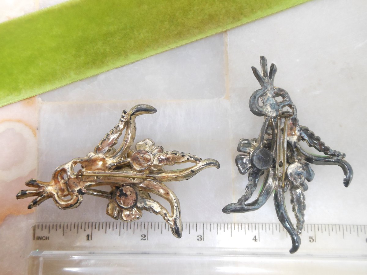 Vintage LOT 3 Orchid Rhinestone Flower Pin Brooch Enamel Plastic Celluloid Bouquet Mid Century Jewelry Gift, VivianJoel.com