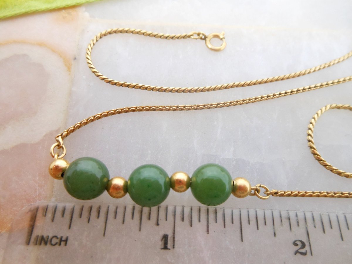 Vintage Jade Gold Fill Necklace Gemstone Bead GF Minimalist Designer Mid Century August Birthstone Gift Jewelry, VivianJoel.com