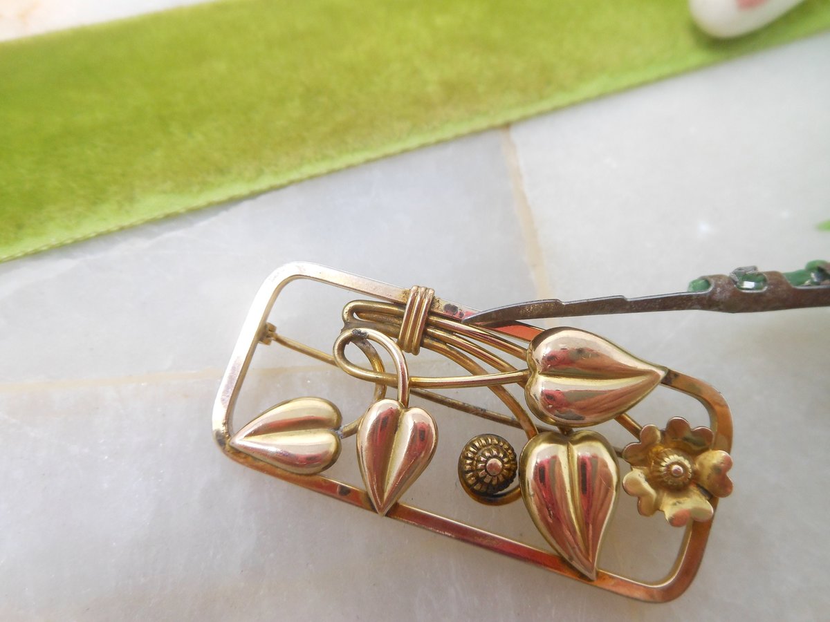 Vintage Flower Brooch Gold Fill Frame Pin GF Designer LOUIS STERN Mid Century Art Nouveau Style Jewelry Gift, VivianJoel.com