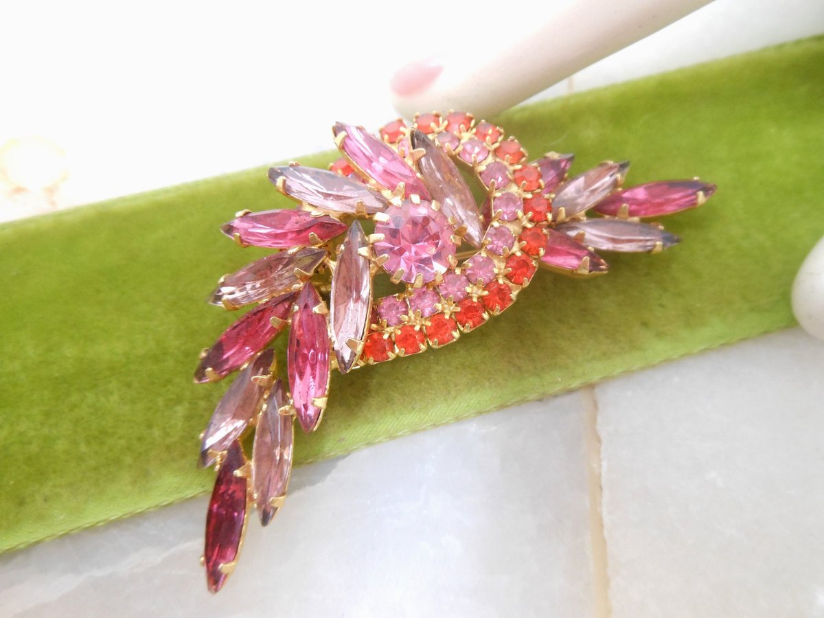 Vintage Pink Rhinestone Brooch Pin Orange Lilac Crystal Mix Flower Spray Mid Century Jewelry Gift, VivianJoel.com