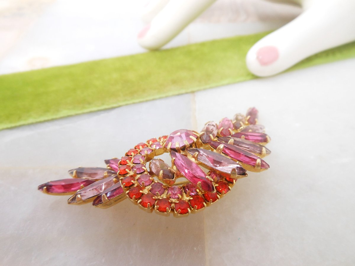 Vintage Pink Rhinestone Brooch Pin Orange Lilac Crystal Mix Flower Spray Mid Century Jewelry Gift, VivianJoel.com