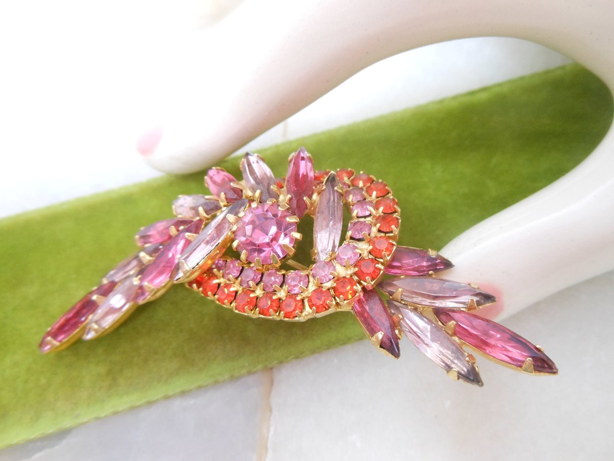 Vintage Pink Rhinestone Brooch Pin Orange Lilac Crystal Mix Flower Spray Mid Century Jewelry Gift, VivianJoel.com