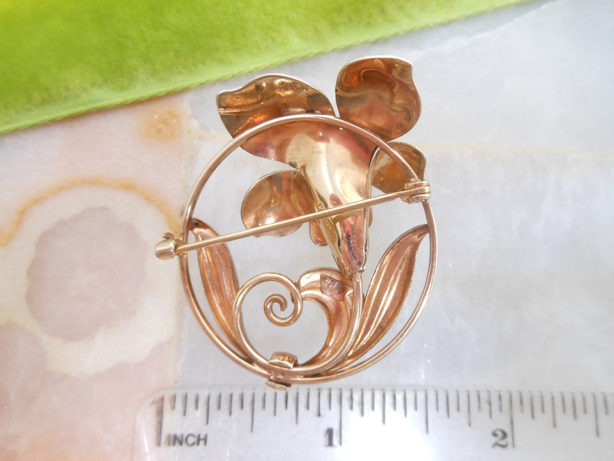 Vintage CARL ART Flower Brooch Gold Fill GF Trumpet Lily Patent Pin 1941 Designer Mid Century Gift, VivianJoel.com