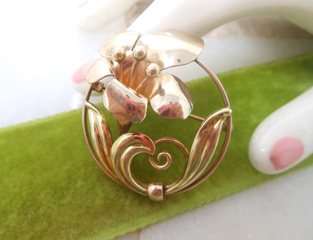 Vintage CARL ART Flower Brooch Gold Fill GF Trumpet Lily Patent Pin 1941 Designer Mid Century Gift, VivianJoel.com