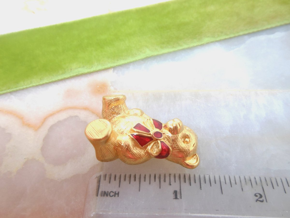 Vintage TRIFARI TM Brooch Teddy Bear Pin Red Bow Enamel Figural Gold Plate Designer Jewelry Mid Century, VivianJoel.com