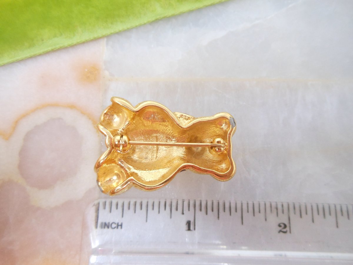Vintage TRIFARI TM Brooch Teddy Bear Pin Red Bow Enamel Figural Gold Plate Designer Jewelry Mid Century, VivianJoel.com
