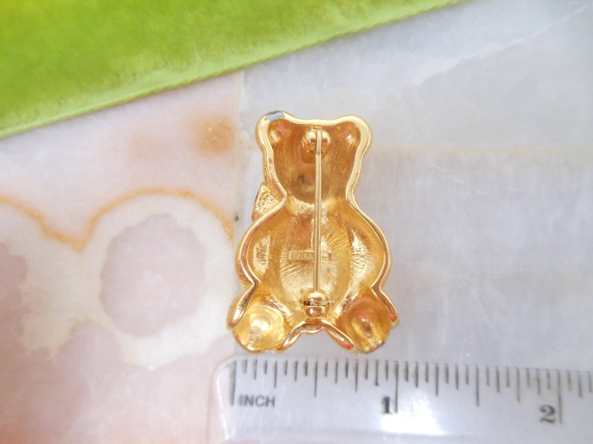Vintage TRIFARI TM Brooch Teddy Bear Pin Red Bow Enamel Figural Gold Plate Designer Jewelry Mid Century, VivianJoel.com