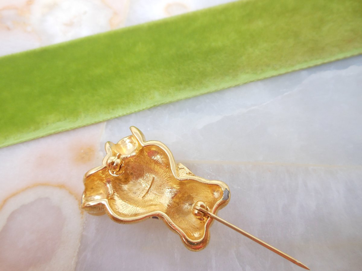 Vintage TRIFARI TM Brooch Teddy Bear Pin Red Bow Enamel Figural Gold Plate Designer Jewelry Mid Century, VivianJoel.com