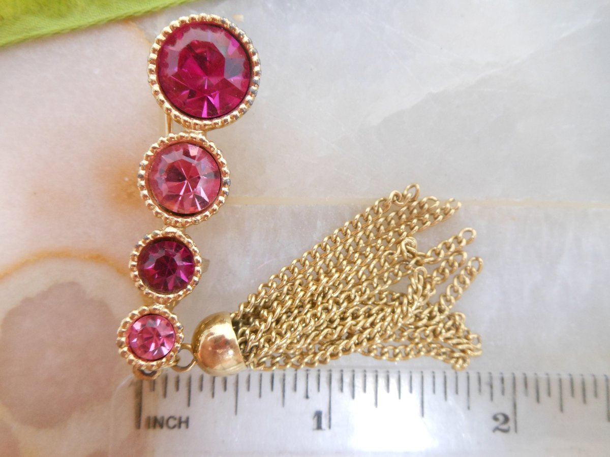 Vintage SARAH COVENTRY Brooch Pin Rhinestone Pink Fushia Saucy Tassel Designer Jewelry Gift Mid Century, VivianJoel.com