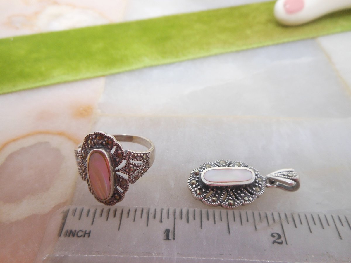 Vintage STERLING SILVER Marcasite Ring Pendant Blush Pink Mother of Pearl SET 925 Jewelry Gift Size 7, VivianJoel.com