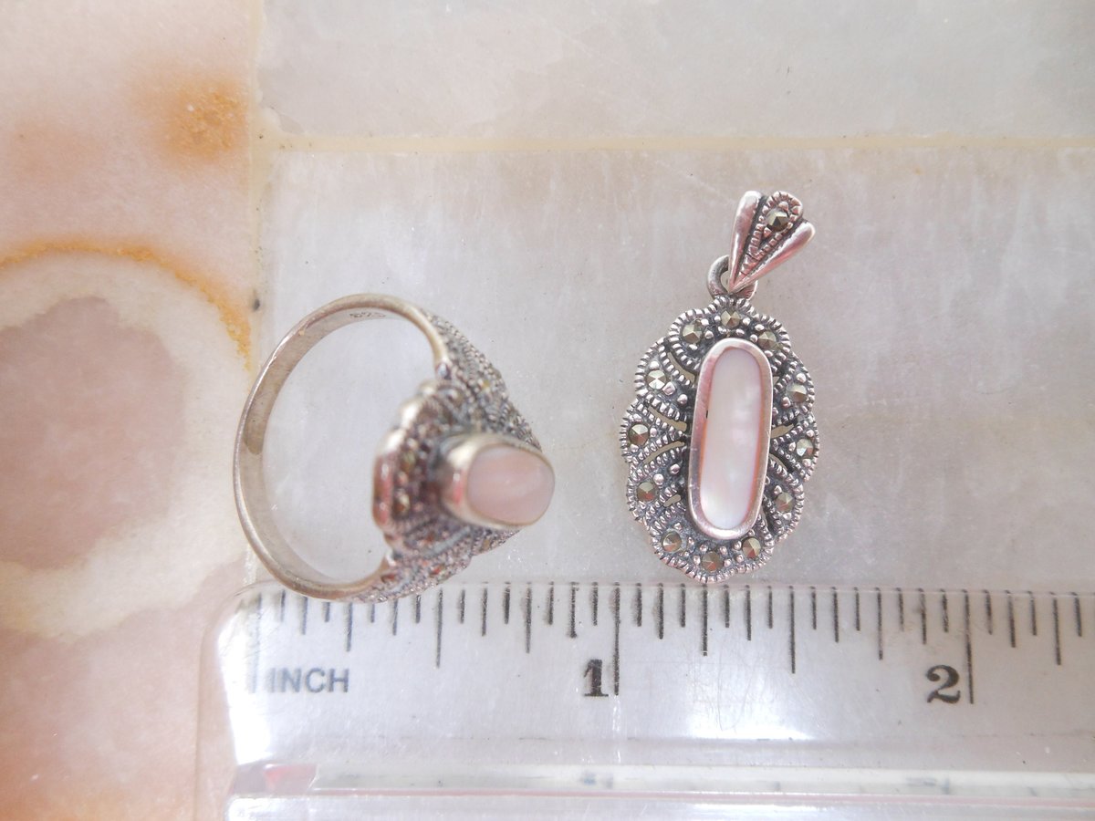 Vintage STERLING SILVER Marcasite Ring Pendant Blush Pink Mother of Pearl SET 925 Jewelry Gift Size 7, VivianJoel.com