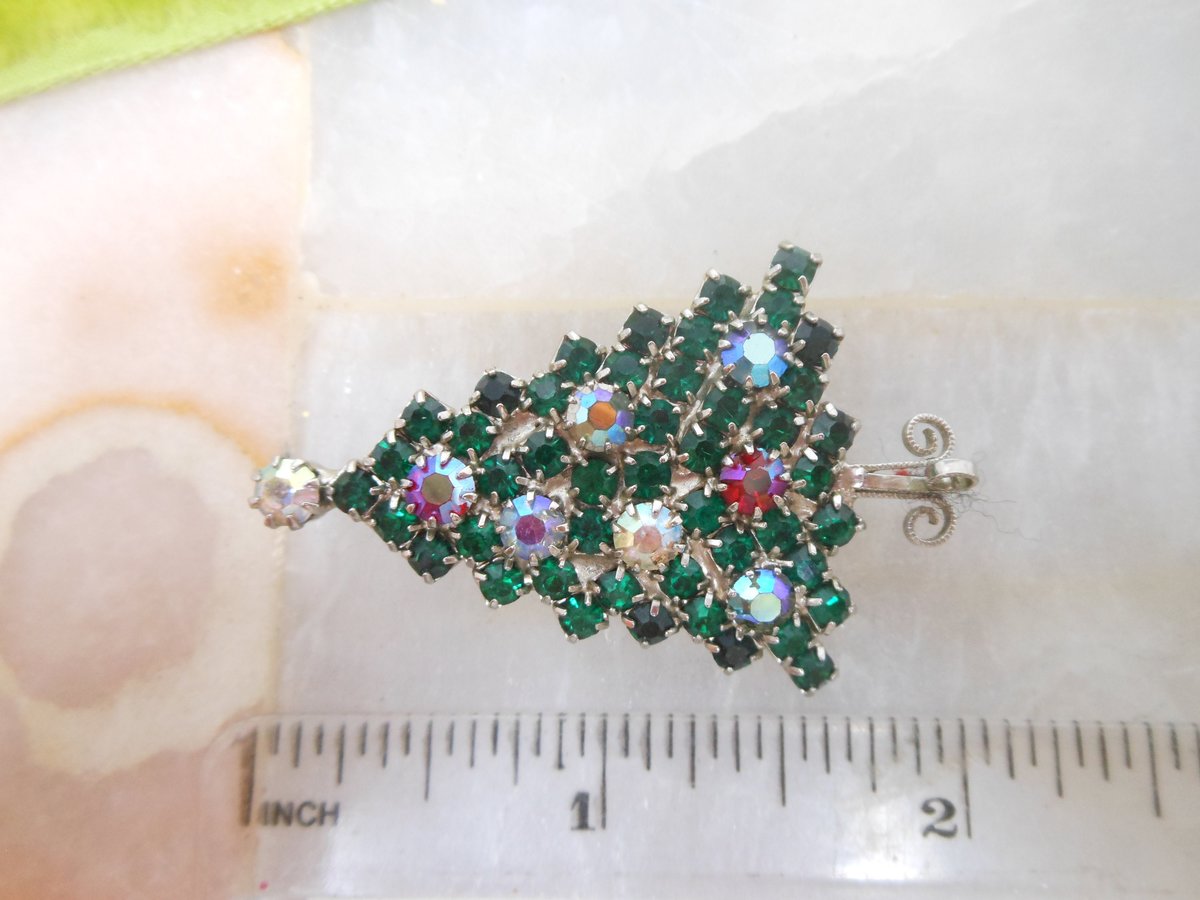 Vintage Christmas Tree Brooch Rhinestone Emerald Green AB Crystal Holiday Pin Mid Century Jewelry Gift, VivianJoel.com