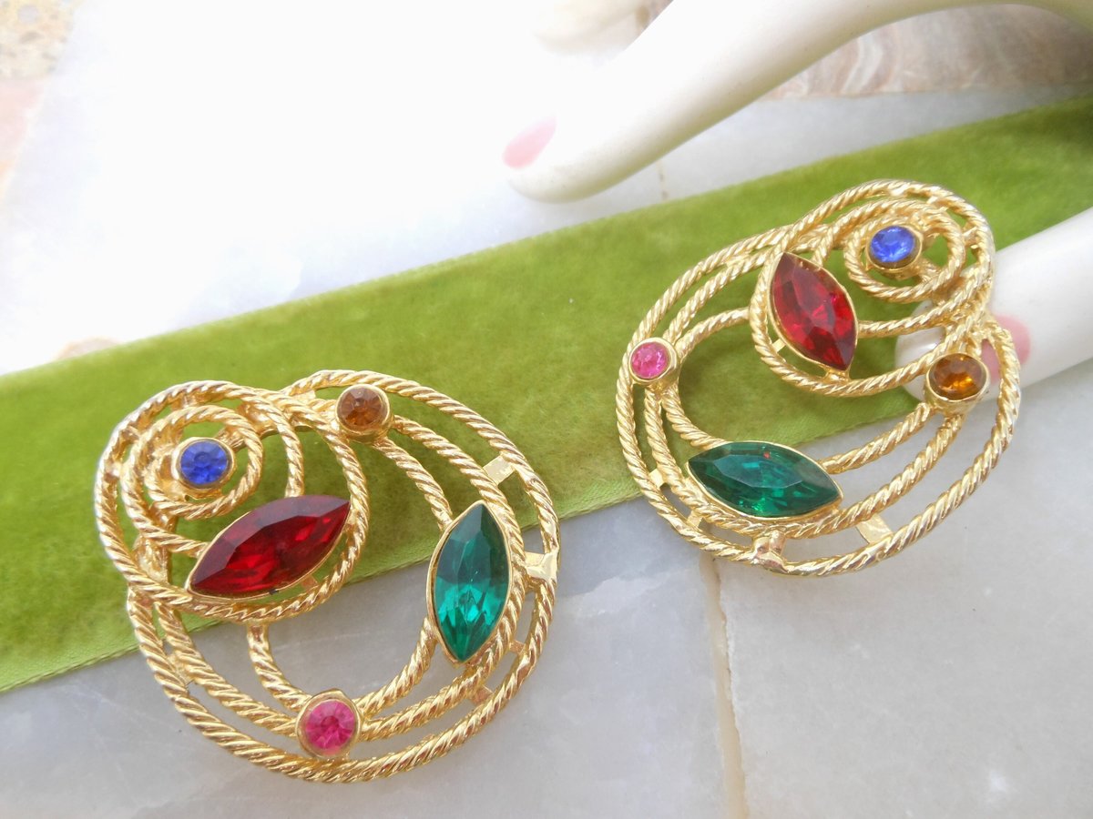 Vintage Party Earrings Pierced Post Fruit Salad Gold Plate BIG Statement Rhinestone Jewelry Gift, VivianJoel.com