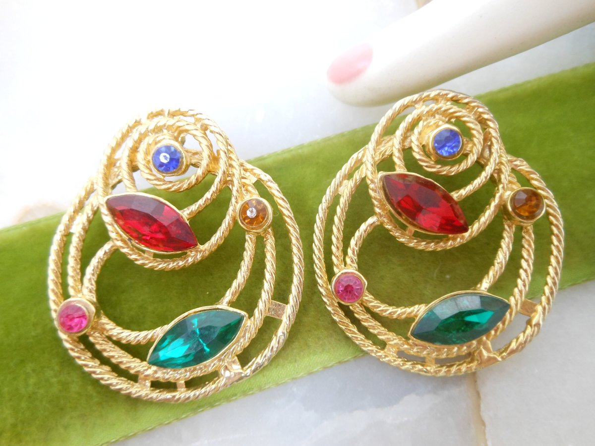 Vintage Party Earrings Pierced Post Fruit Salad Gold Plate BIG Statement Rhinestone Jewelry Gift, VivianJoel.com