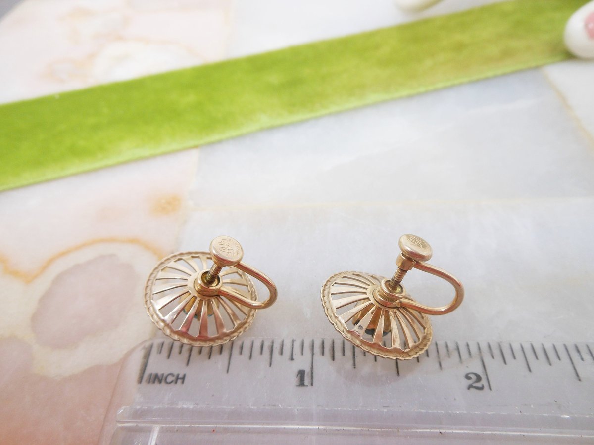 Vintage VAN DELL Earrings Gold Fill Screw Back Aquamarine Teal Crystal Blue GF Designer Mid Century Jewelry, VivianJoel.com