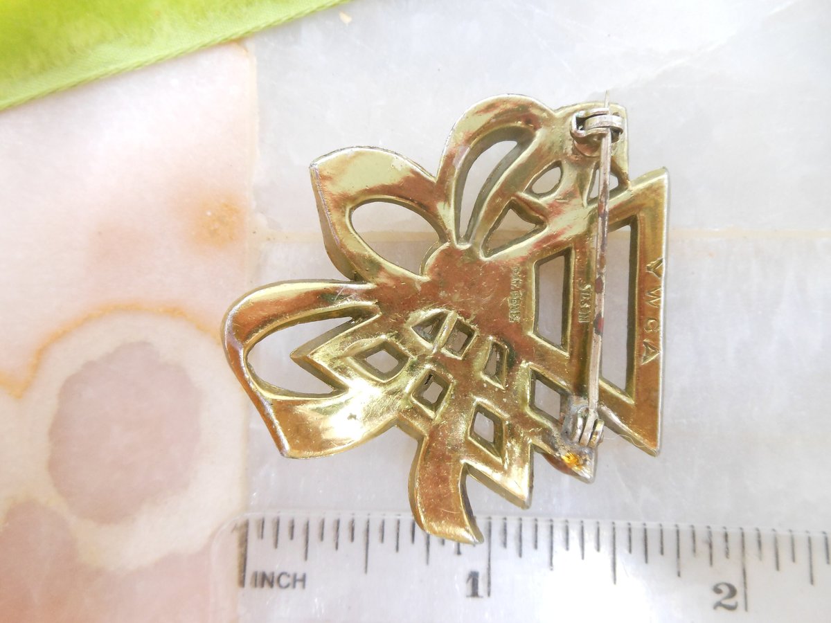 Vintage YWCA Pat Pend Brooch Pin Enamel Bow Ribbon SILSON Patriotic Jewelry Mid Century, VivianJoel.com